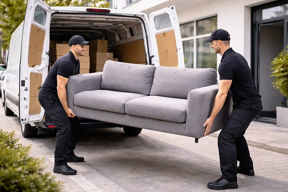 Zwei Männer tragen ein graues Sofa in einen Lieferwagen.
