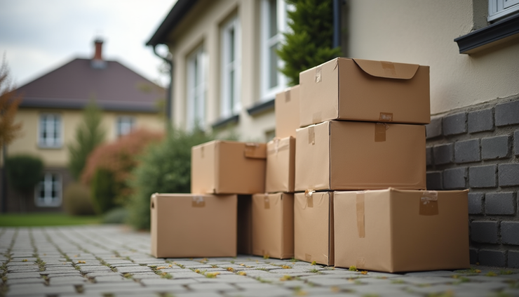 Nahaufnahme von Umzugskartons vor einem Wohnhaus in Dresden