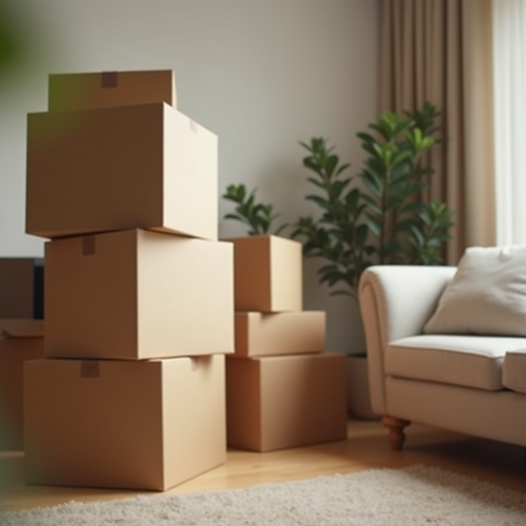 Umzugskartons im Wohnzimmer