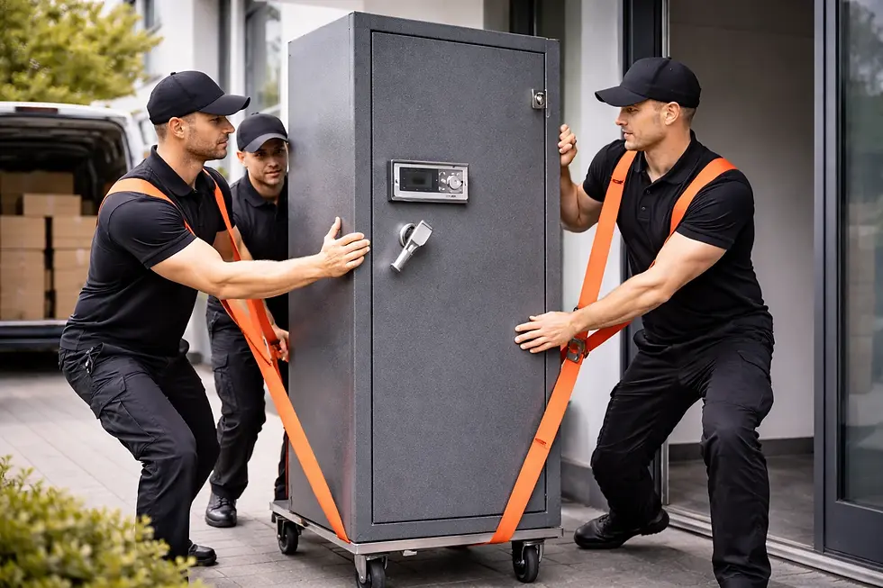 Drei Umzugshelfer bewegen einen großen Tresor mit Tragegurten auf Rollen.