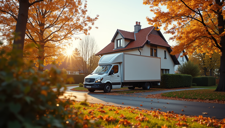 Weitwinkelaufnahme eines Umzugswagens vor einem herbstlichen Wohnhaus in Hannover