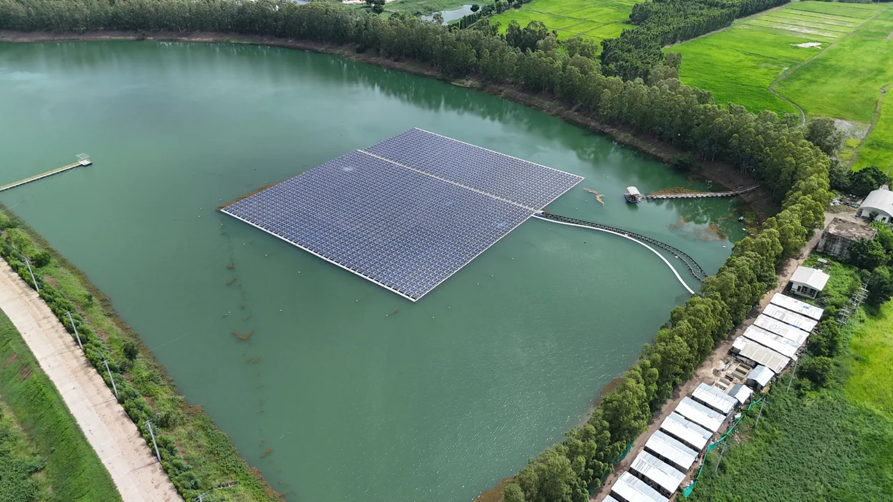 Floating solar array on a reservoir surrounded by trees