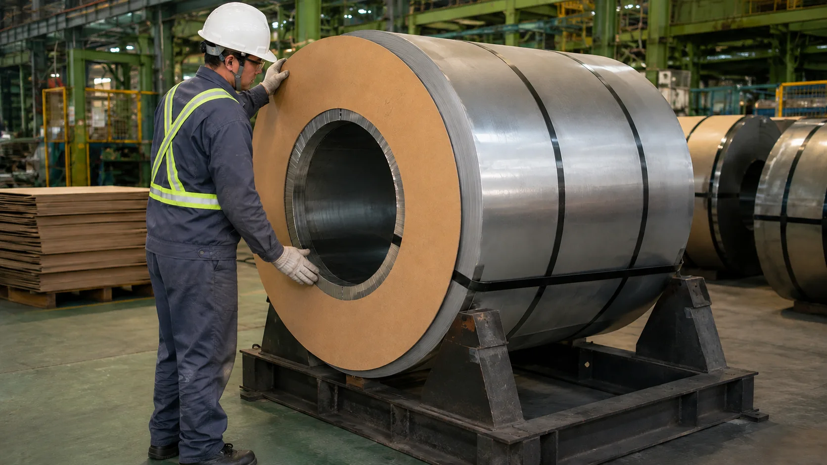 Hardboard side disc in installed position on a steel coil