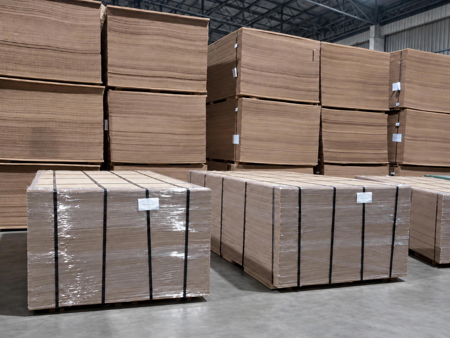 Protected hardboard bundles prepared for export inside the factory