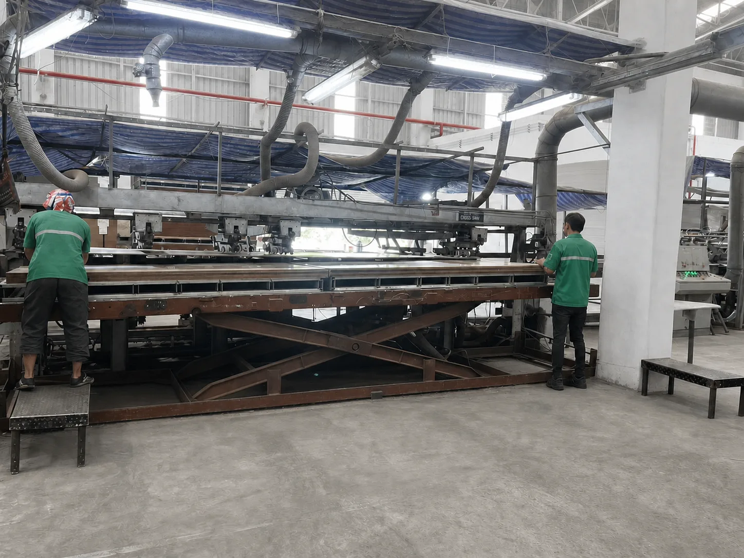 Hardboard sheets passing through trimming and finishing