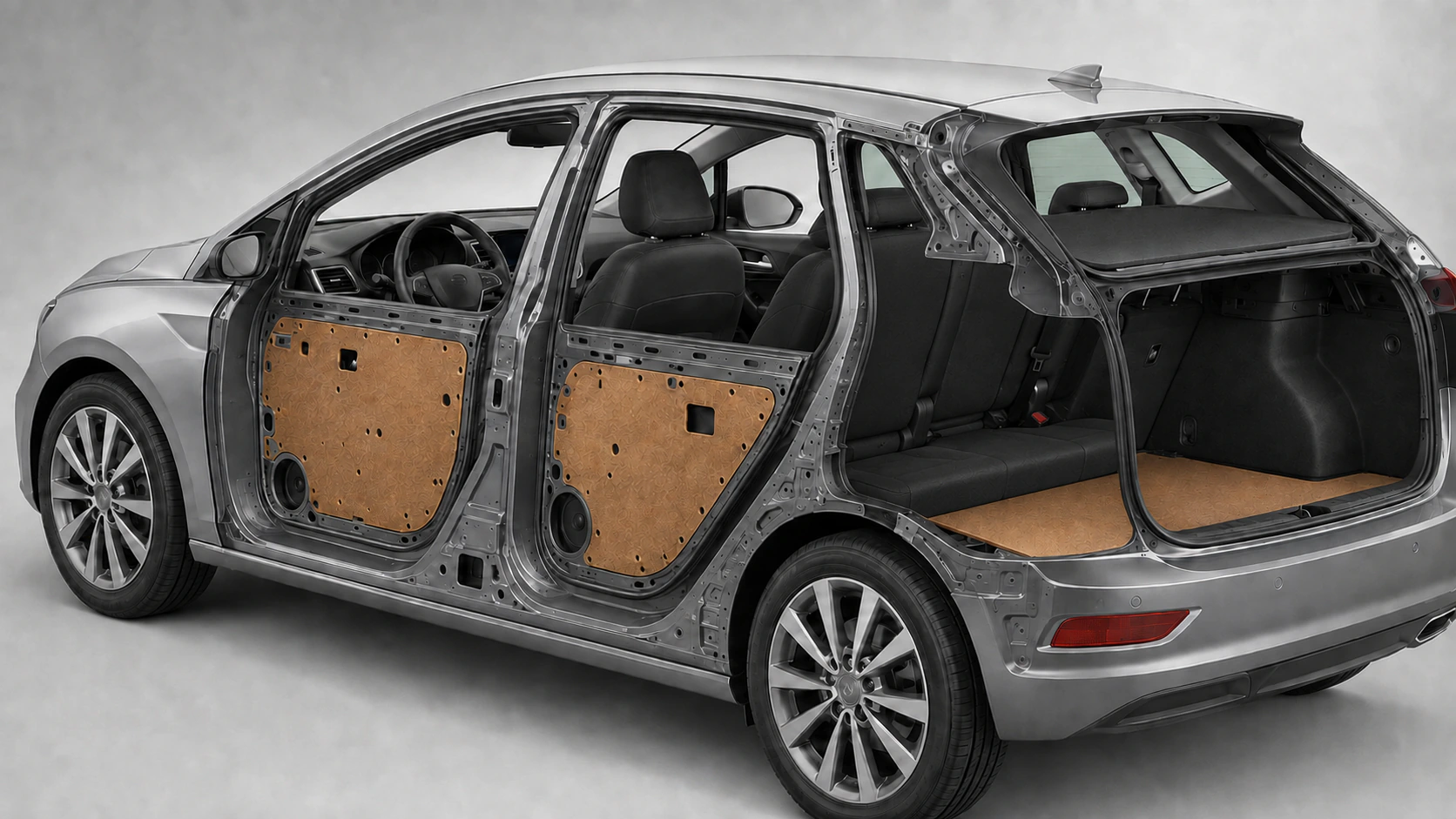 Vehicle cutaway showing representative installed locations of automotive hardboard components