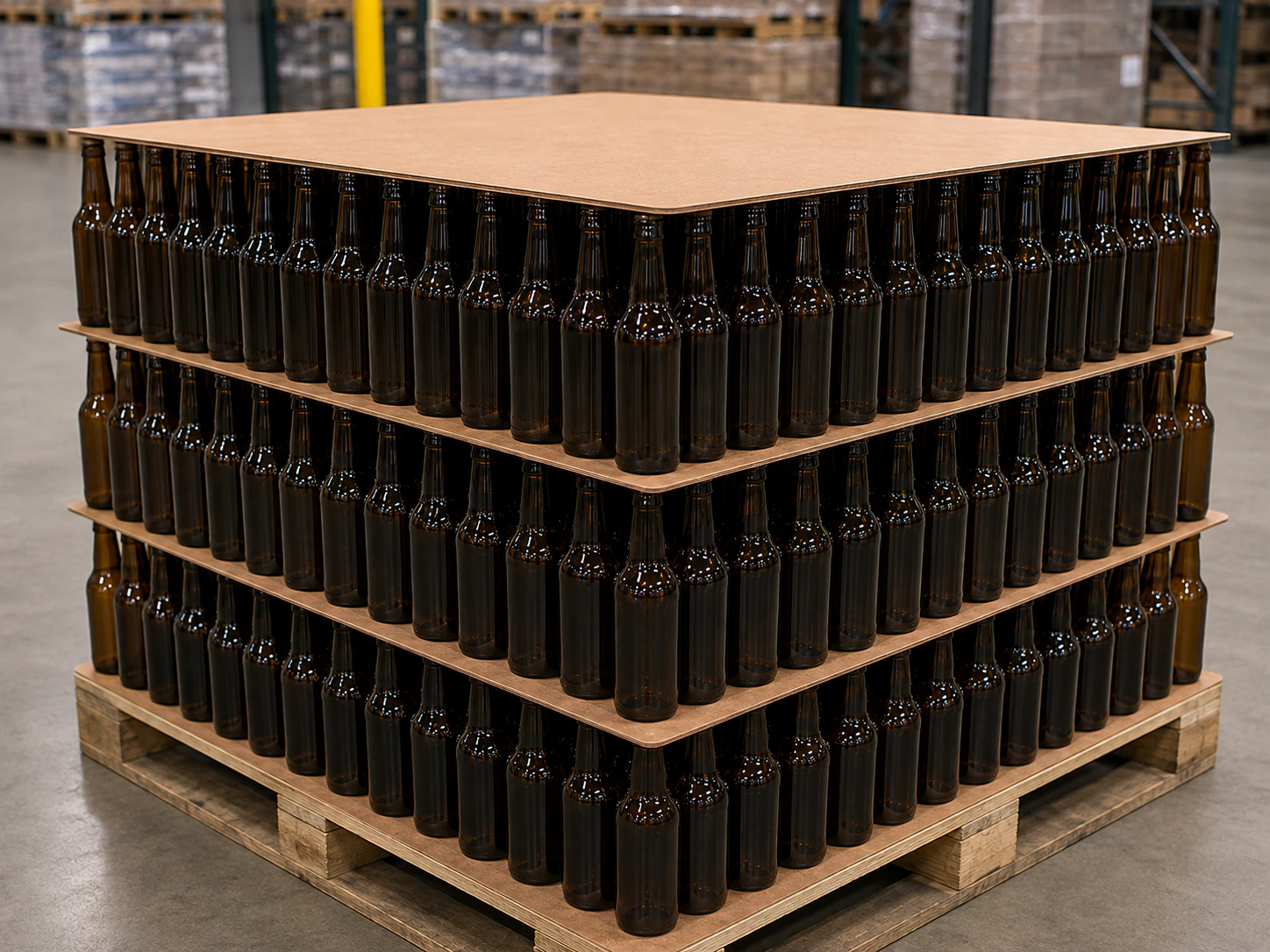 Glass bottles arranged on a pallet with hardboard layer pads between each layer
