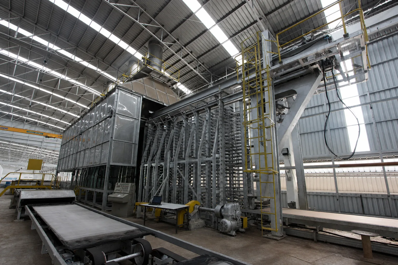 The hardboard hot press on the production line