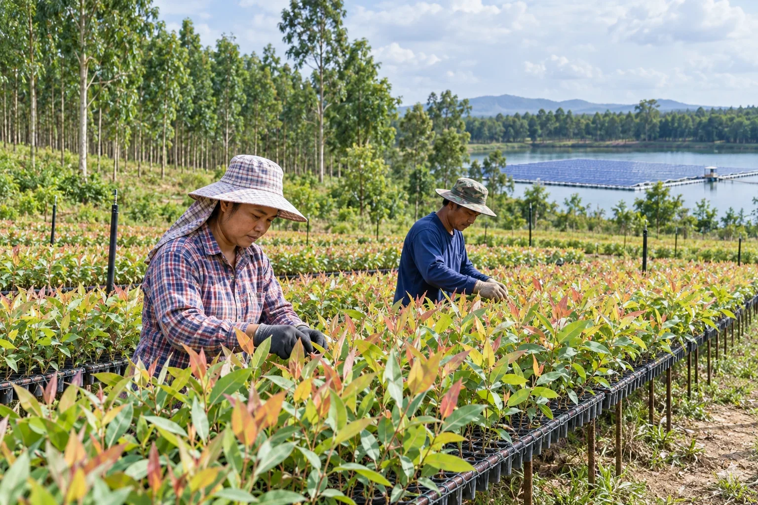 Nursery workers tending eucalyptus seedlings with renewable energy in the background