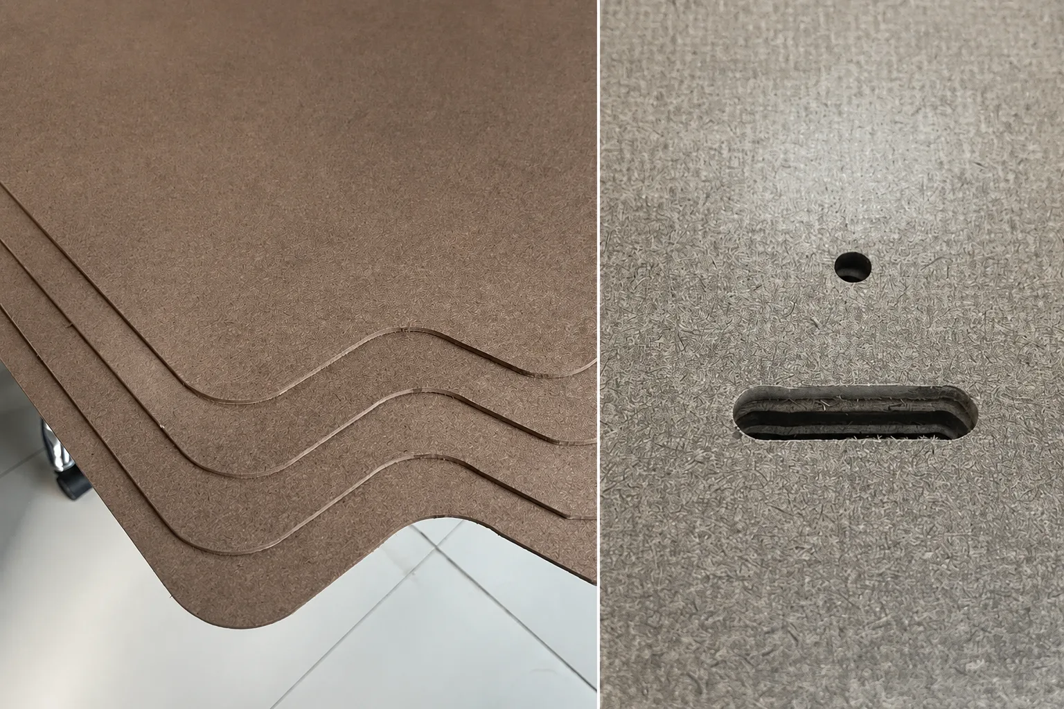 Automotive hardboard machining details showing stacked profile-cut panels, a circular hole and an elongated slot