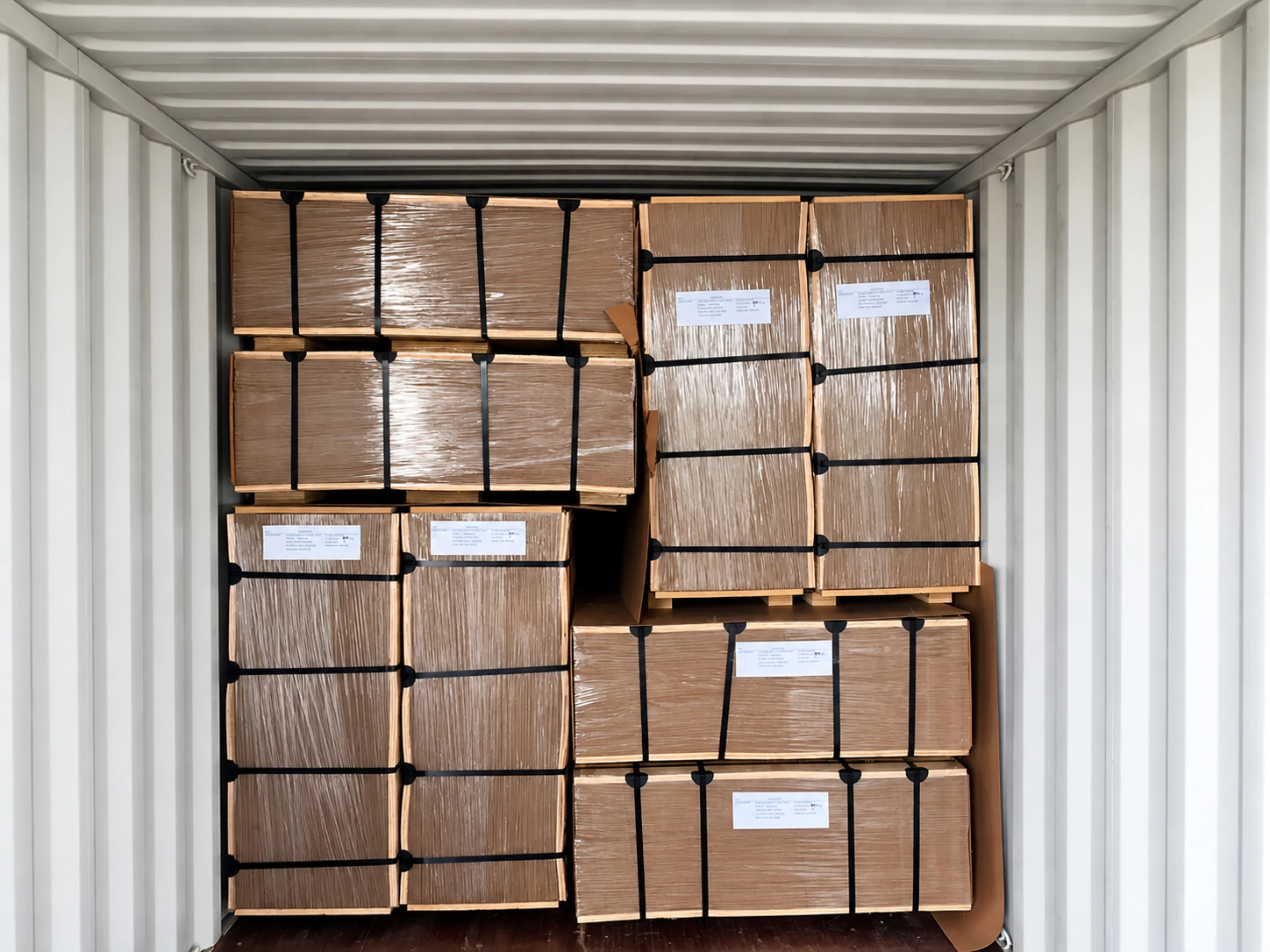 Hardboard export bundles secured inside a shipping container