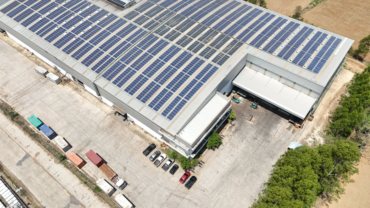 Aerial view of rooftop solar panels at the AAF factory