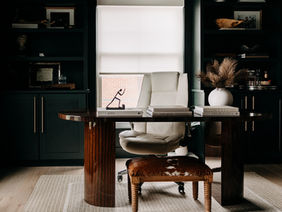 Desk and chair from wide angle:
Custom home office desk and velvet chair — Beverly Hills Michigan renovation by Costello & Co Construction
