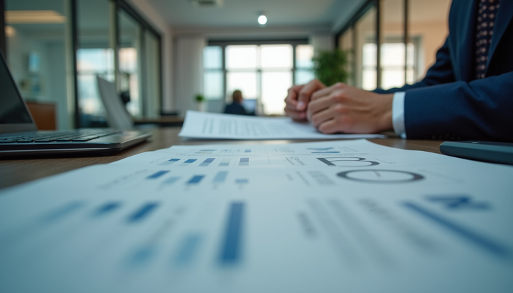 Eye-level view of a senior executive reviewing strategic documents on a desk