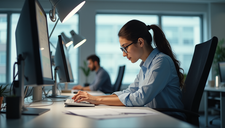 Eye-level view of a focused employee working on a complex project at a clean desk