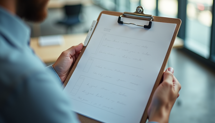 Eye-level view of a project manager reviewing a clear task list on a clipboard