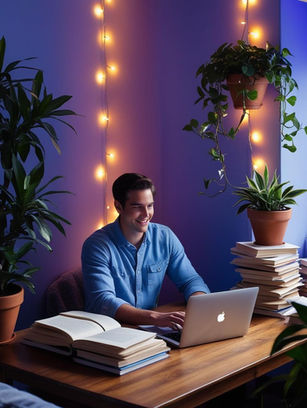 a man is smiling and working for time management