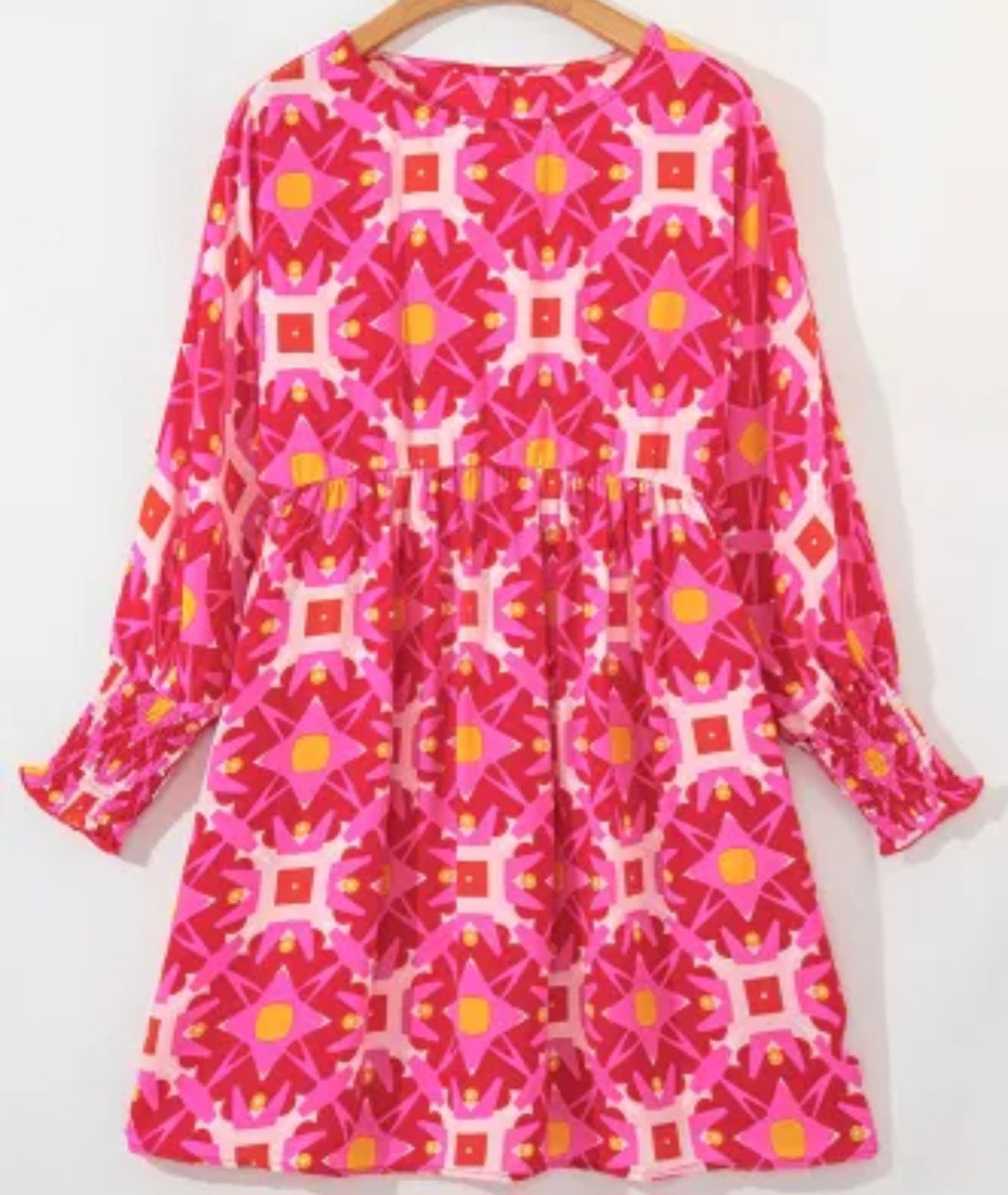 Strawberry Pink Geometric Print Smocked Dress