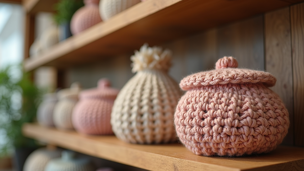 Eye-level view of a crochet product display on a wooden shelf