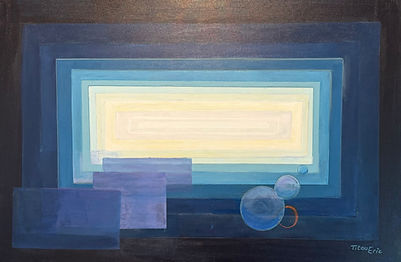 Machine Dream explores AI through layered geometry, cool electronic blues, and a luminous central field. Repeated rectangles suggest depth, processing and recursion, while subtle disruptions hint at the instability behind apparently ordered systems.