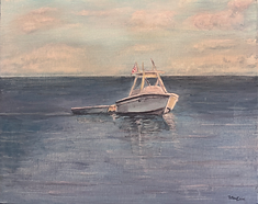 "At Magnolia " is a serene seascape inspired by quiet moments on Magnolia Beach, Massachusetts. Soft blues and gentle light capture the stillness of memory and the timeless calm of the sea.