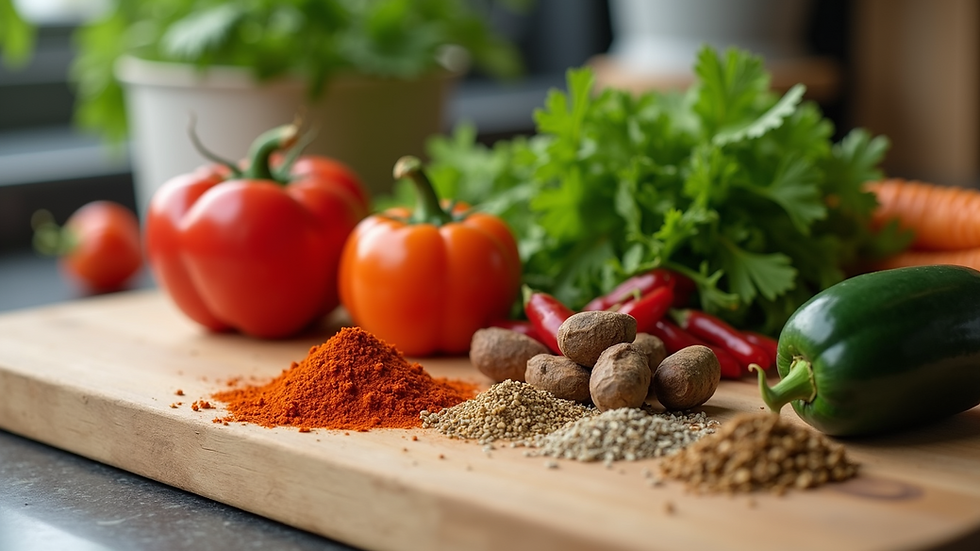Close-up view of fresh vegetables and spices on a kitchen counter