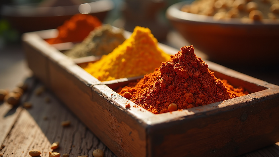 Eye-level view of a traditional Indian spice box with colorful spices