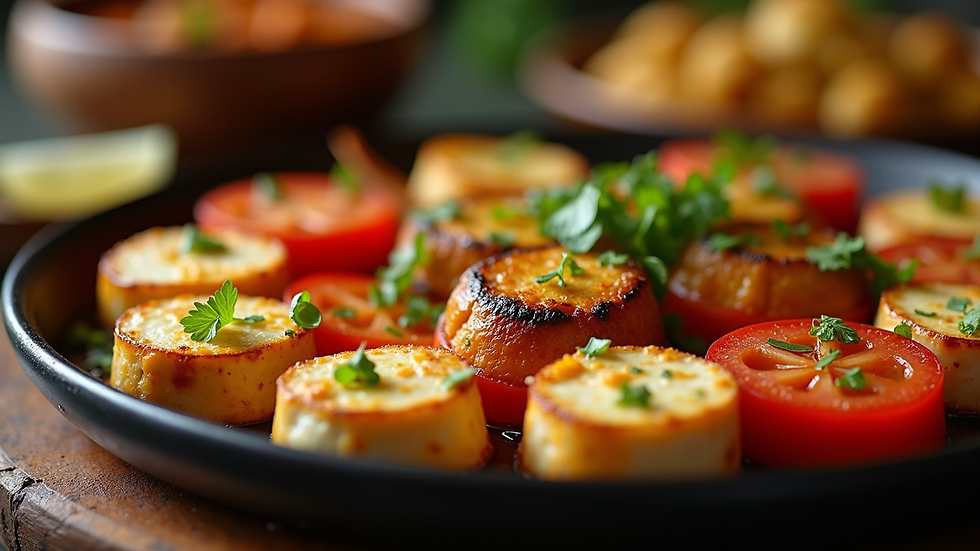 Close-up view of a sizzling tandoori platter with colorful vegetables and paneer