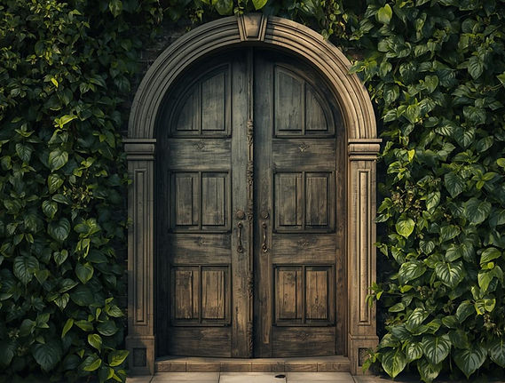a beautiful apothecary door surrounded by plants looking real. i want to see the whole doo