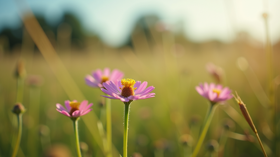 Eye-level view of blooming wildflowers in a natural field