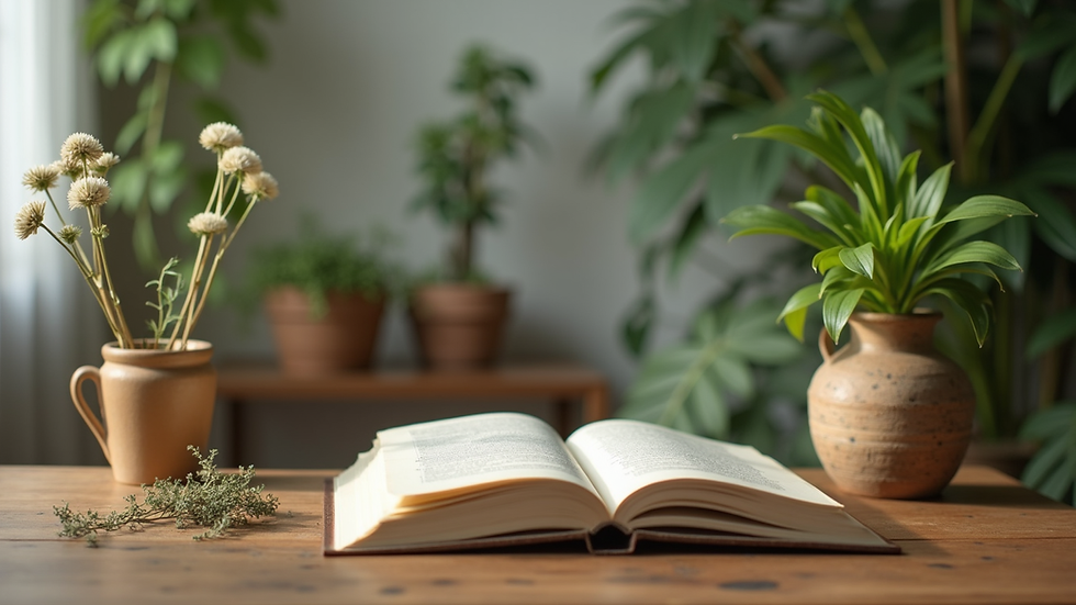 Vista a nivel de ojo de una mesa con libros y plantas medicinales para estudio