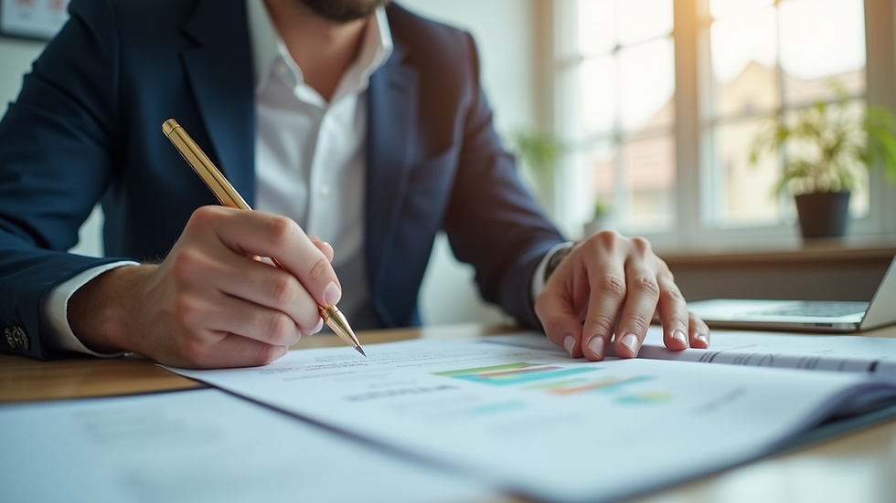 Eye-level view of a small business owner reviewing financial documents in a bright office