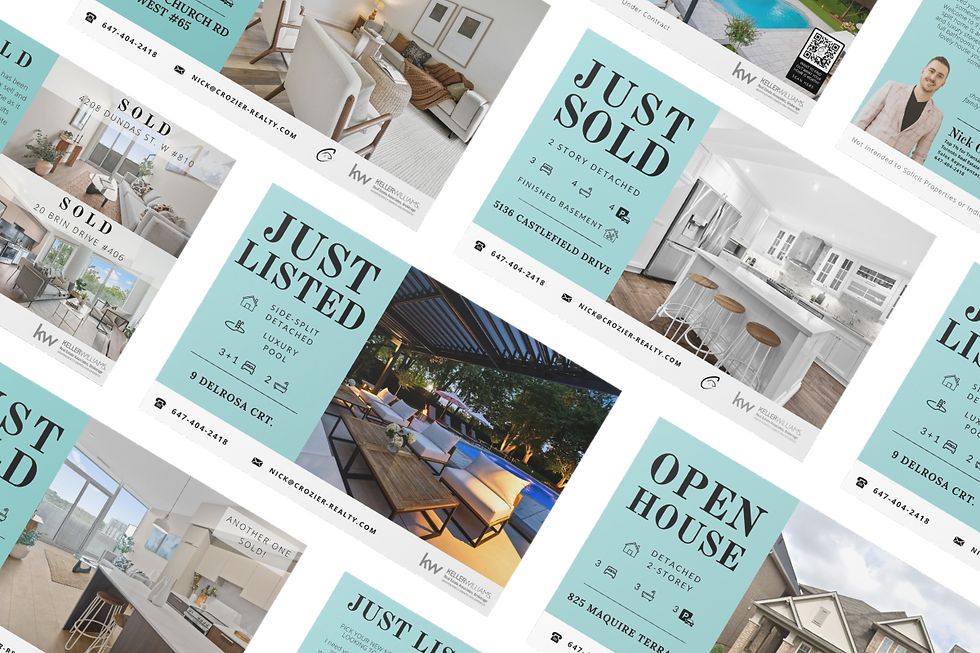 Branded real-estate direct-mail flyers promoting listings and open houses in the GTA.