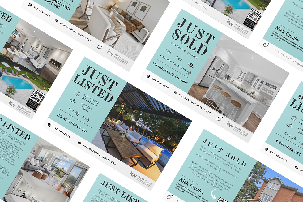 Branded real-estate direct-mail flyers promoting listings and open houses in the GTA.