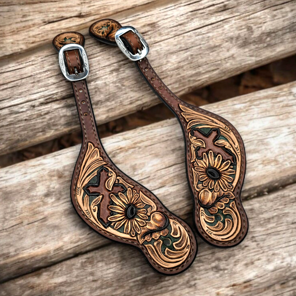 Tooled Leather Cross & Daisy Western Spur Straps