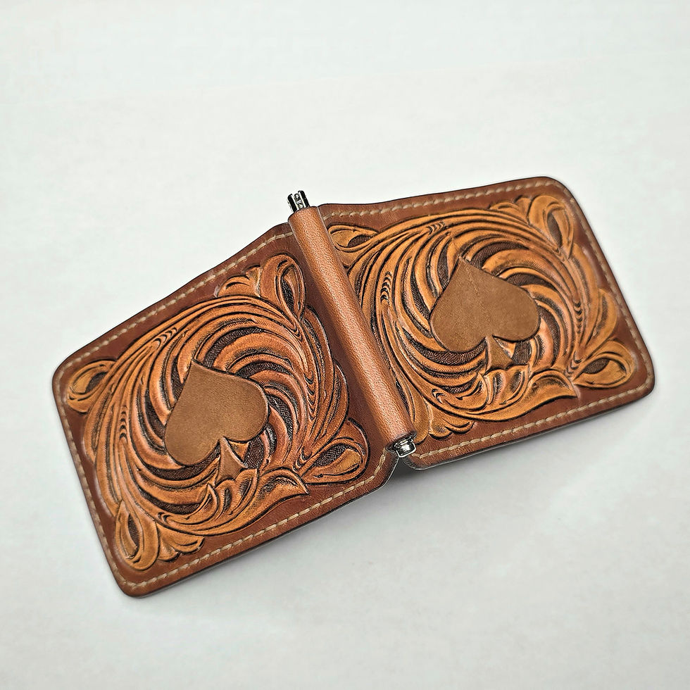 Thumbnail: Tooled Leather Ace Of Spades Bi-Fold Money Clip Wallet 