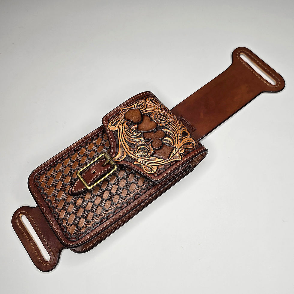 Thumbnail: Tooled Leather Card Suits Western Saddle Rear Cinch Phone Holder / Billet Bag