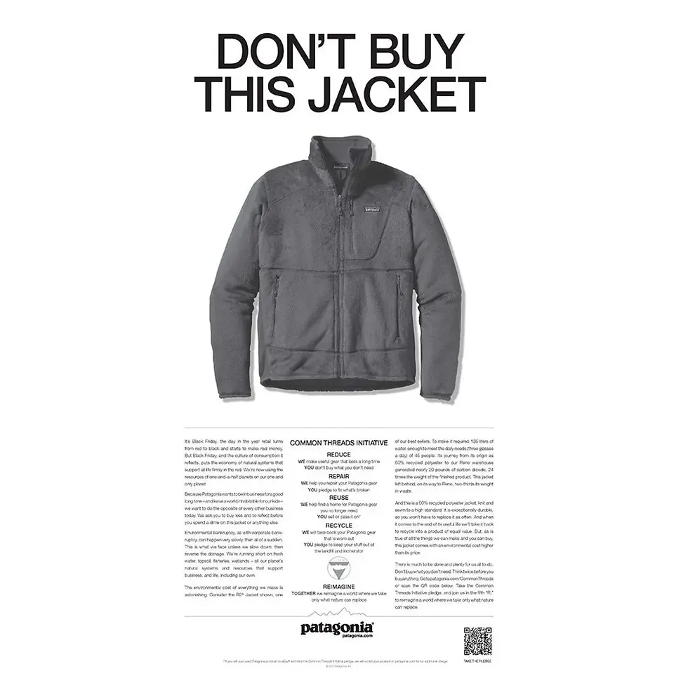 Gray jacket on white background, bold text above: "DON'T BUY THIS JACKET." Text below about sustainability, featuring the brand Patagonia.