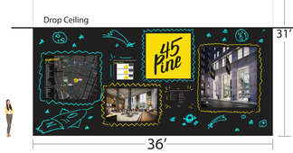 Art Etc design and production of murals, canvas paintings, art, prints on canvas and painted lettering for commercial real estate experiential marketing at EQ Office, 45 Pine St, New York, NY