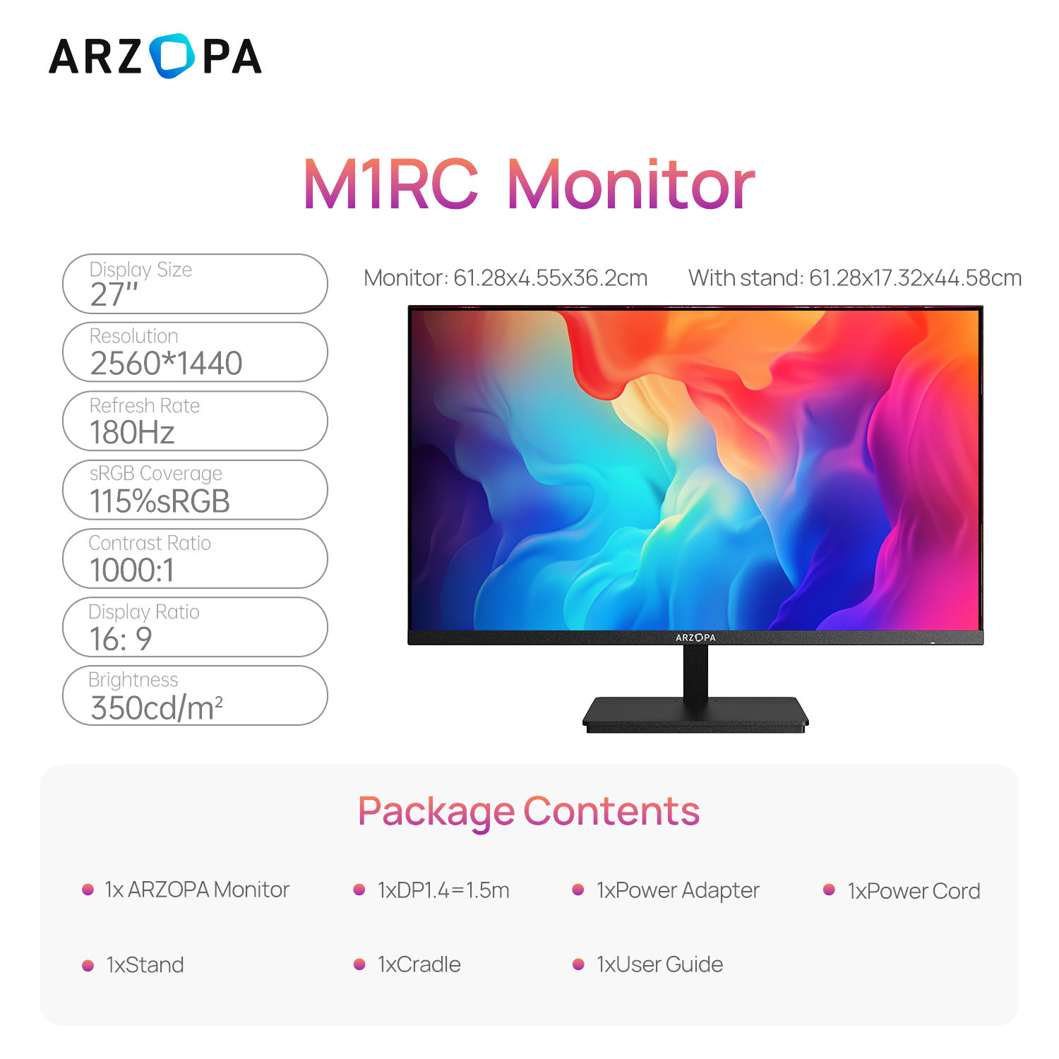ARZOPA 27inch Monitor 180Hz QHD 2K FastIPS FreeSync Portable Gaming Monitor Seco