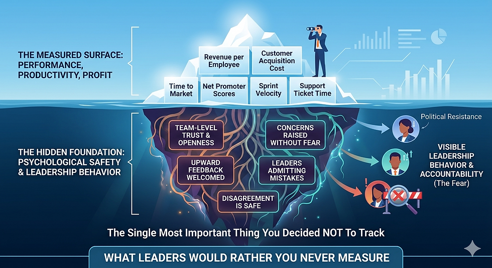 An infographic using an iceberg metaphor. Above water, a lit section labeled 'THE MEASURED SURFACE' lists metrics like 'Revenue', 'CAC', and 'NPS'. Below water, a massive, dark foundation represents 'PSYCHOLOGICAL SAFETY', featuring factors such as 'Trust', 'Upward Feedback', and 'Leaders Admitting Mistakes'. An arrow from the hidden section points to 'Visible Leadership Accountability (The Fear)', showing a leader with a red barrier. The main title is 'WHAT LEADERS WOULD RATHER YOU NEVER MEASURE.'
