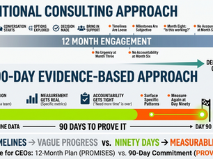 A split infographic comparing a long, blue "12 Month Engagement" timeline ending in a red question mark with a vibrant, green and orange "90 Days to Prove It" timeline ending in a green checkmark and a checkered flag.