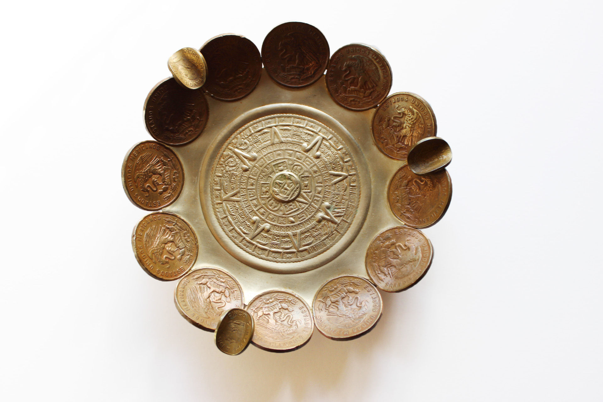Hand-made Mexican Peso Ashtray with Aztec Calendar