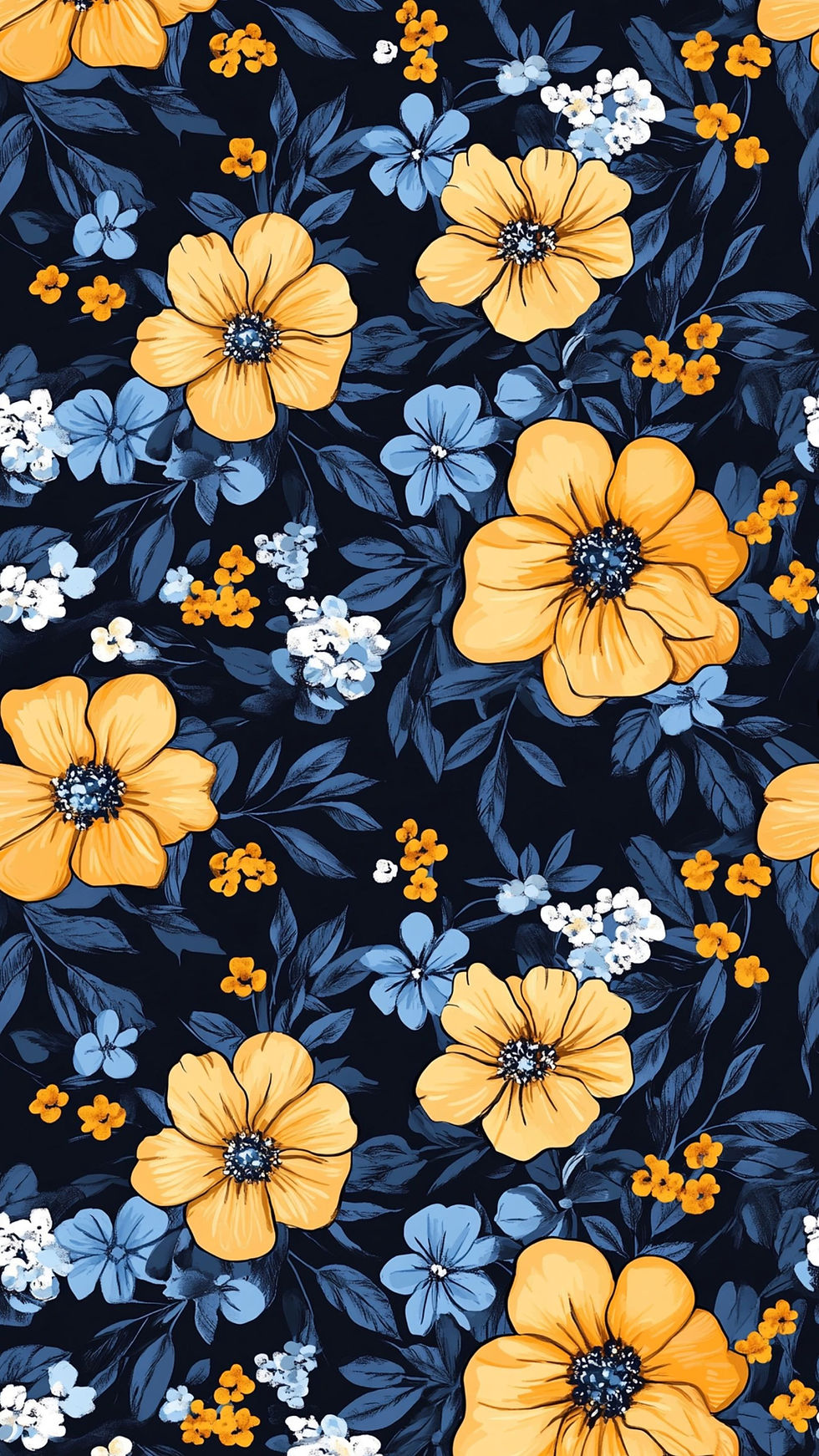 Yellow and blue flowers with green leaves on a dark background form a vibrant floral pattern.