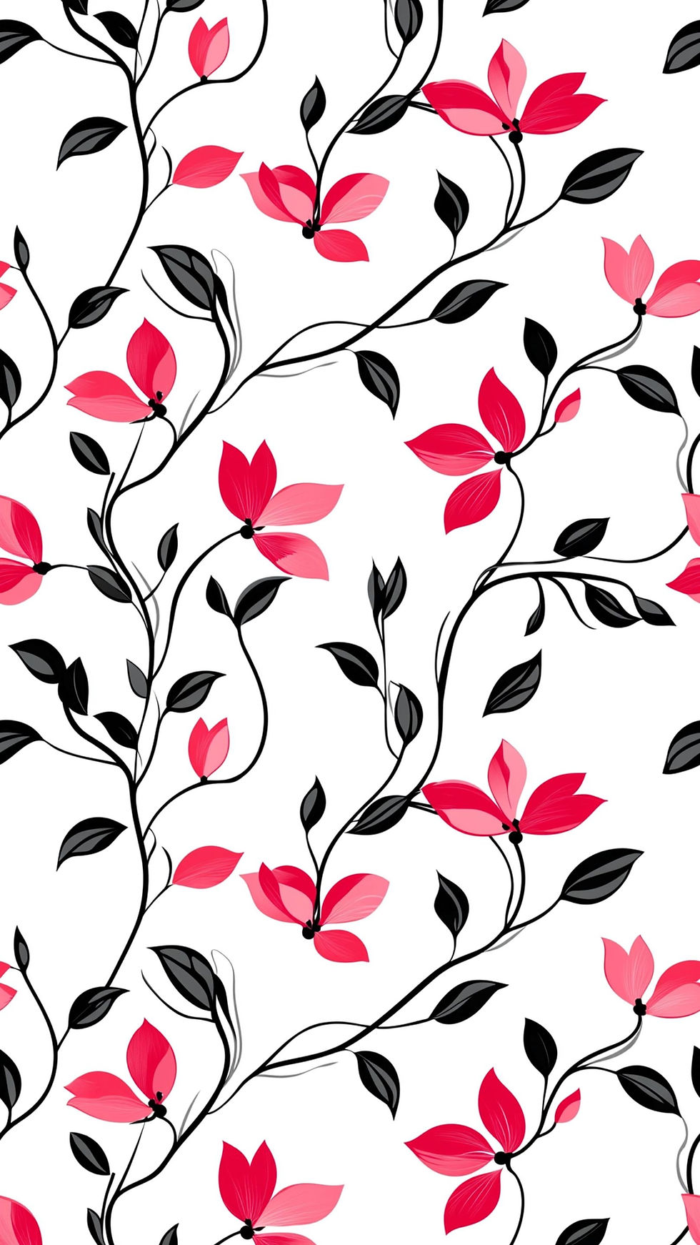 Red and pink flowers with black leaves on winding vines, set against a white background, create a vibrant floral pattern.