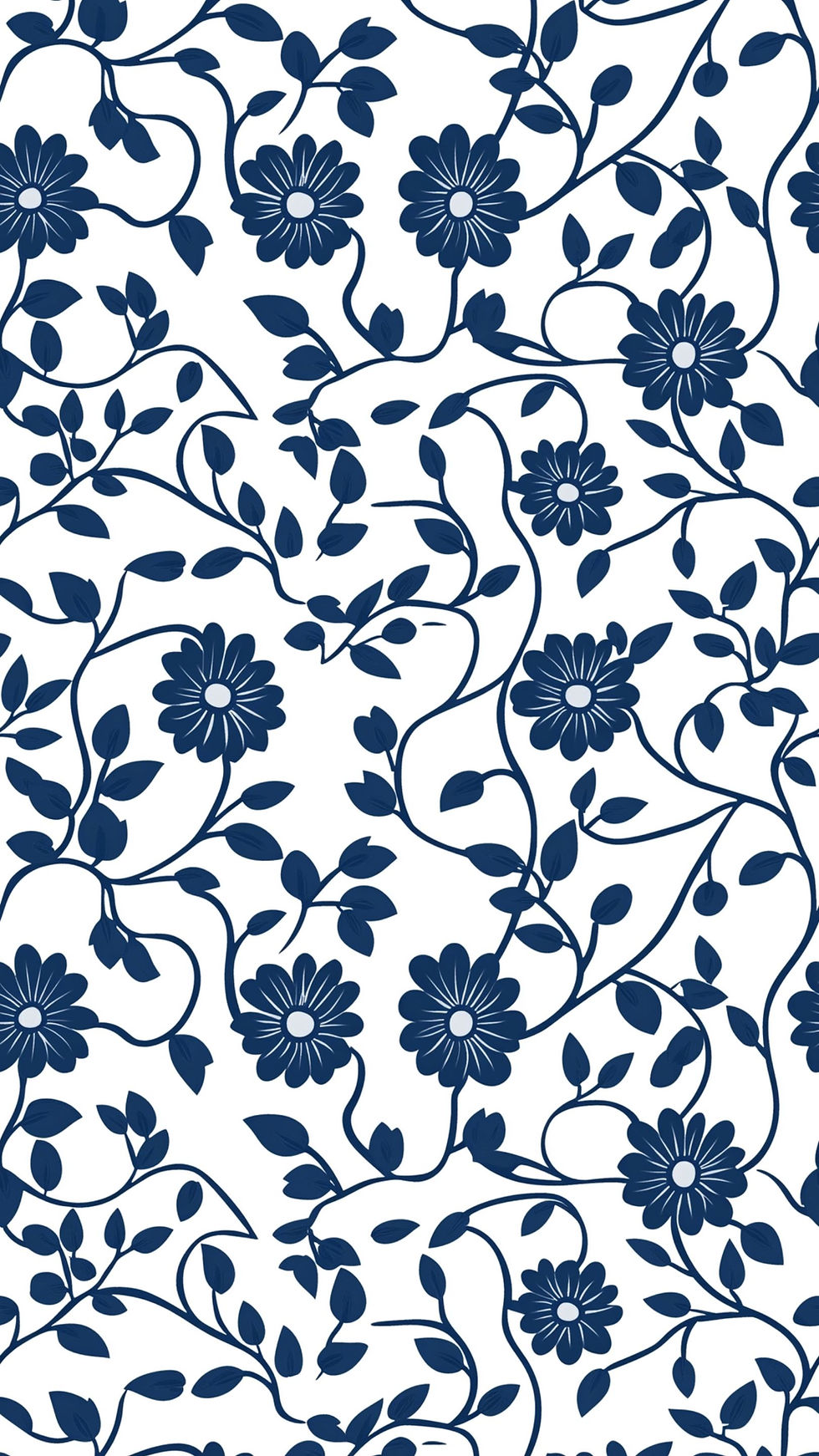 Blue floral pattern on a white background with intricate vines and leaves, creating an elegant, classic design.