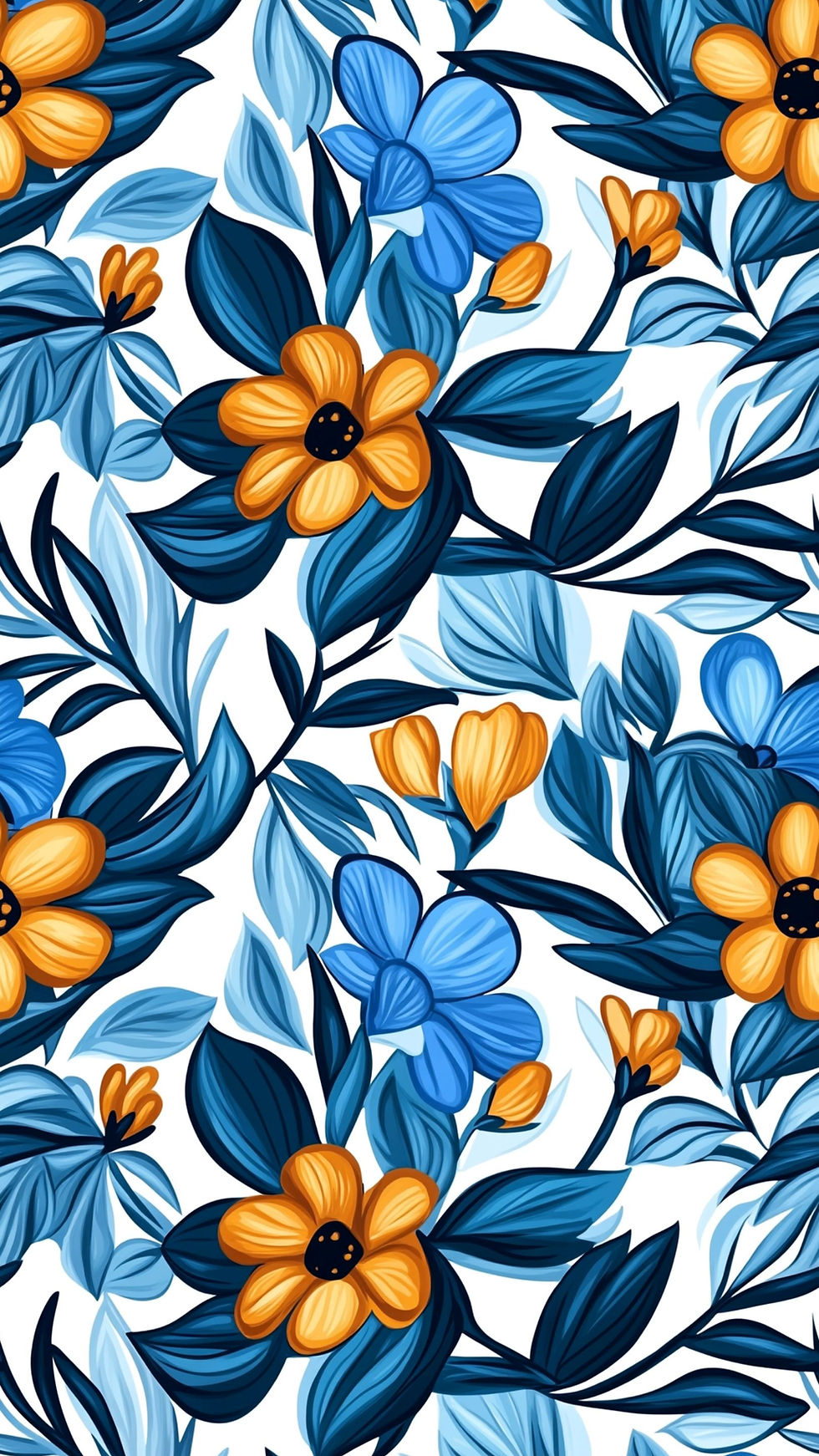 Blue and orange flowers with dark blue leaves on a white background, creating a vibrant, patterned floral design.