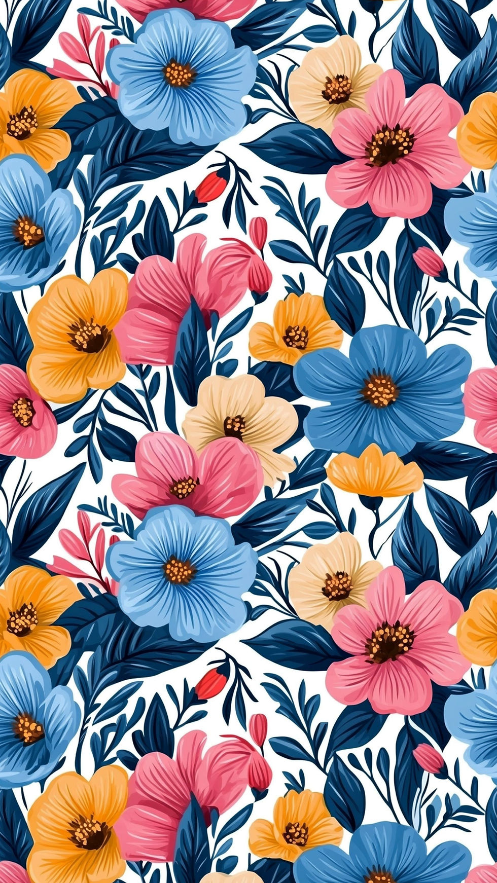 Colorful floral pattern with blue, pink, and yellow flowers and dark leaves on a white background. No text. Bright and lively design.