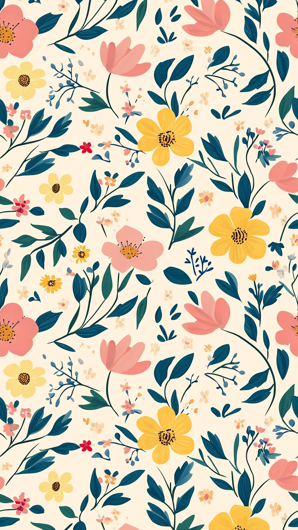 Colorful floral pattern with pink and yellow flowers, and green leaves on a cream background. Cheerful and vibrant design.