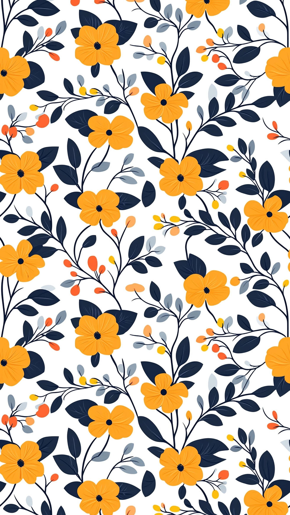 Orange flowers and dark green leaves pattern on a white background, featuring small colorful buds in a vibrant, cheerful arrangement.